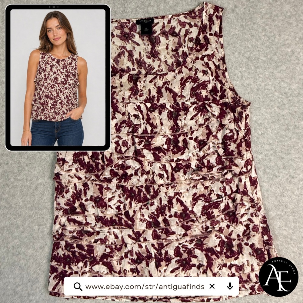 Ann Taylor Womens Burgundy Abstract Floral Tiered Ruffle Sleeveless Shell Top‎ M